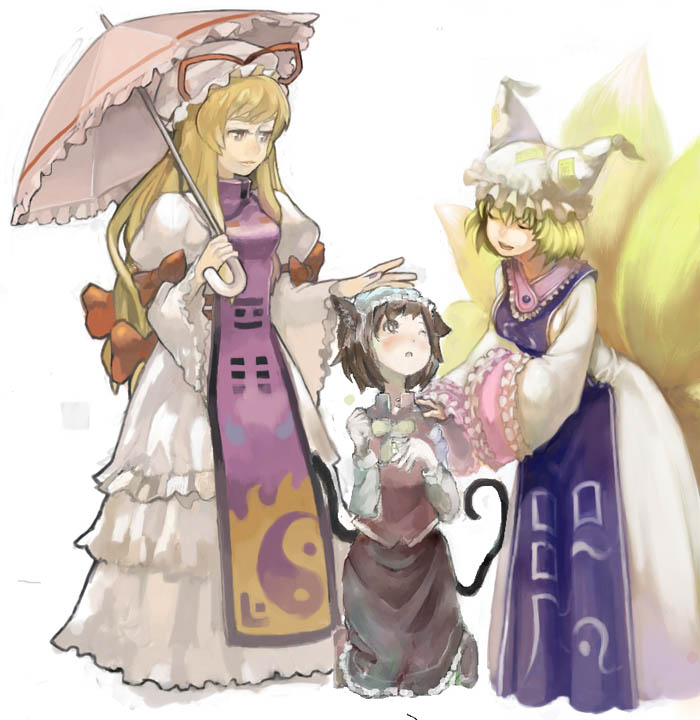 haruo (clownberry), chen, yakumo ran, yakumo yukari, touhou, 3girls, animal ears, animal hat, blonde hair, brown hair, cat ears, cat girl, cat tail, female focus, fox tail, hair ribbon, hat, headpat, long sleeves, mob cap, multiple girls, multiple tails, one eye closed, parasol, ribbon, short hair, tail, tassel, umbrella, white background, wide sleeves, wink