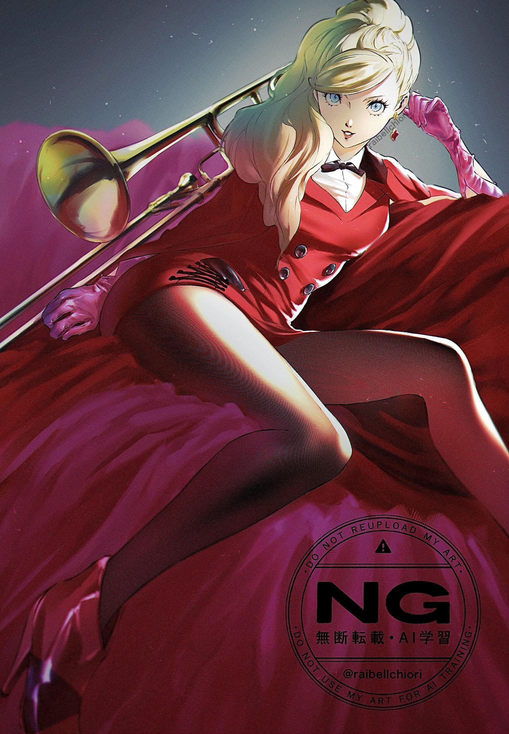 raibellchiori, takamaki anne, persona, persona 5, absurdres, highres, 1girl, artist name, blonde hair, blue eyes, earrings, formal clothes, gloves, high heels, holding, holding instrument, holding trumpet, instrument, jewelry, long hair, necktie, pantyhose, pink gloves, ponytail, red pantyhose, side ponytail, signature, solo, suit, trumpet, twitter username, watermark