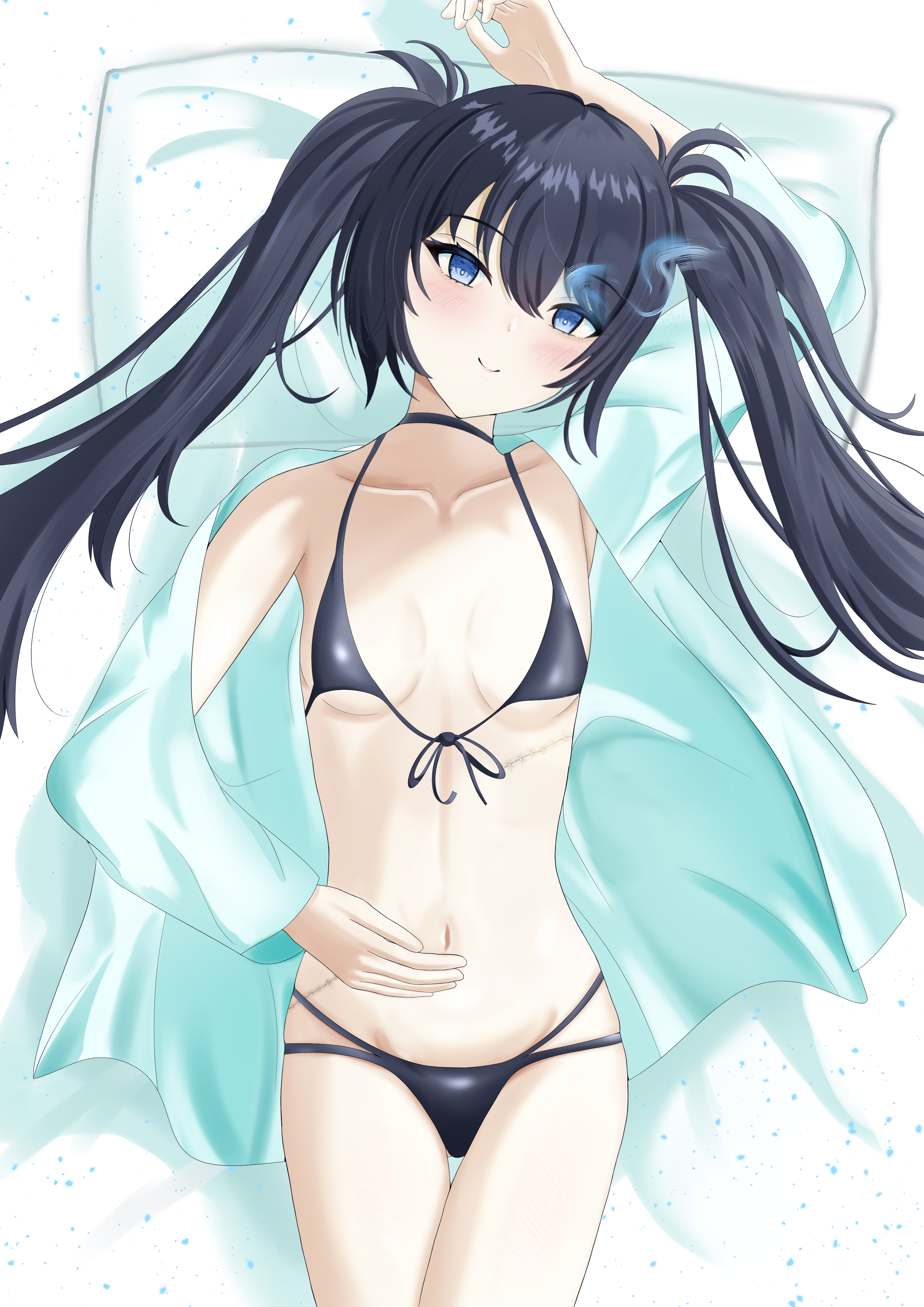 black rock shooter (character), azur lane, black rock shooter, absurdres, highres, bikini, black bikini, black choker, black hair, blue eyes, blue fire, choker, fire, flaming eye, long hair, lying, scar, swimsuit, twintails, uneven twintails, user npsk3433