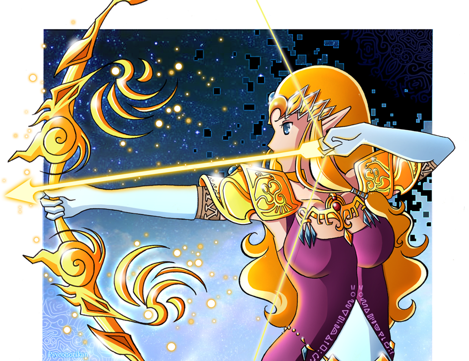 princess zelda, nintendo, the legend of zelda, the legend of zelda: twilight princess, 1girl, arrow (projectile), blonde hair, blue eyes, bow (weapon), drawing bow, elbow gloves, female focus, gloves, holding, holding bow (weapon), holding weapon, pointy ears, solo, weapon