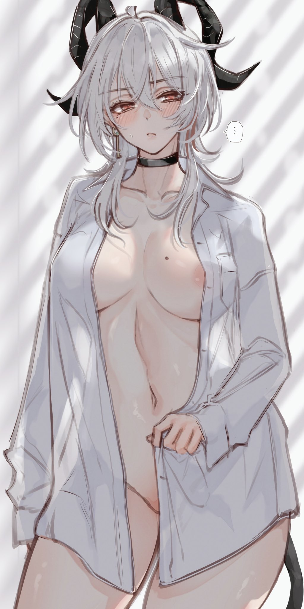 poipoi poip, zani (wuthering waves), wuthering waves, commentary request, highres, …, 1girl, areola slip, black choker, black horns, black tail, blush, breasts, breasts apart, choker, closed mouth, collarbone, collared shirt, cowboy shot, curled horns, earrings, hair between eyes, horns, jewelry, key earrings, large breasts, linea alba, long hair, long sleeves, looking at viewer, mole, mole on breast, mole under eye, multicolored hair, naked shirt, navel, open clothes, open shirt, red eyes, shirt, solo, spoken ellipsis, stomach, streaked hair, tail, thighs, white shirt