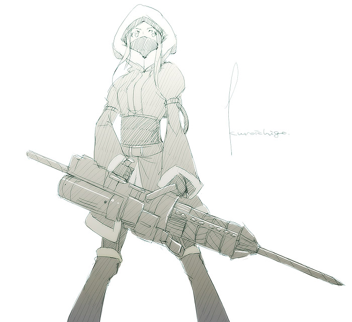 kyo (kuroichigo), capcom, lost planet, lost planet colonies, 1girl, artist name, balaclava, female focus, green theme, hood, long hair, monochrome, pile bunker, simple background, solo, vs pile bunker, weapon