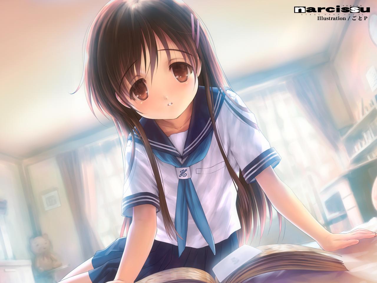 goto p, sakura setsumi, setsumi sakura, narcissu, 1girl, arm support, artist name, blush, book, brown eyes, brown hair, chair, collarbone, copyright name, curtains, desk, dutch angle, female focus, hair ornament, hairclip, indoors, long hair, neckerchief, open book, parted lips, pleated skirt, school uniform, serafuku, shirt, short sleeves, sitting, skirt, solo, stuffed animal, stuffed toy, teddy bear, window