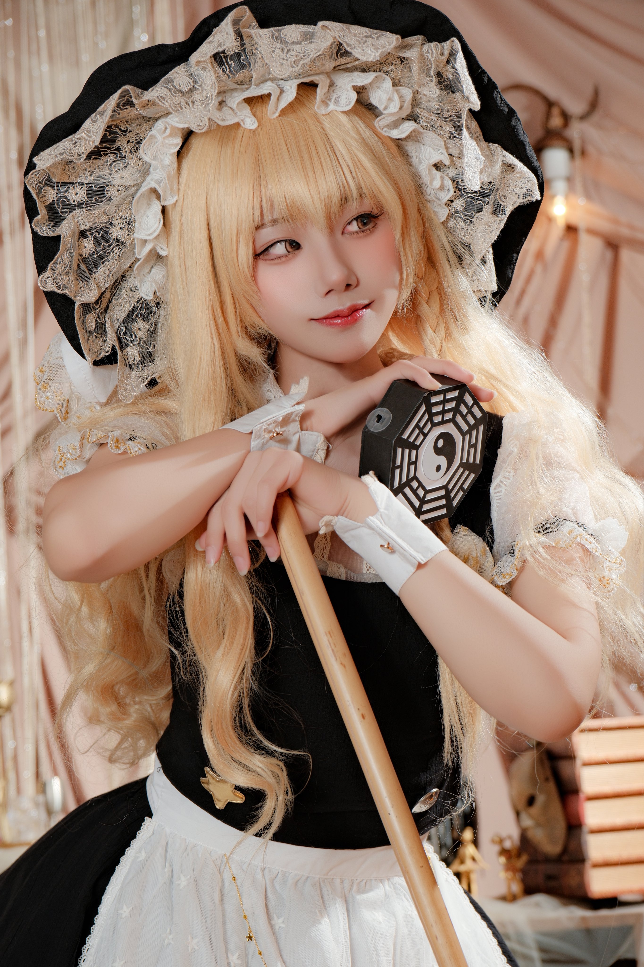 kirisame marisa, touhou, absurdres, cosplay photo, highres, photo (medium), 1girl, apron, blonde hair, braid, cosplay, hat, long hair, looking to the side, mini-hakkero, shirt, side braid, sideways glance, sinkai cos, solo, upper body, waist apron, white apron, white shirt, white wrist cuffs, witch hat, wrist cuffs, yellow eyes