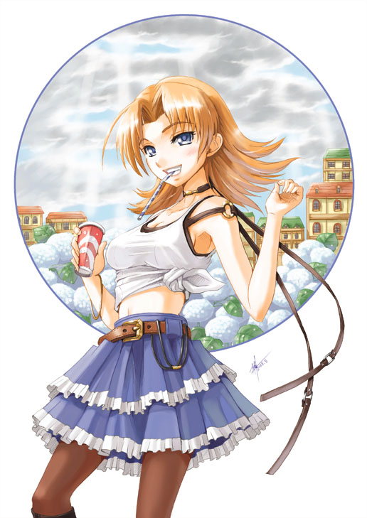 yuu (yuyukaikan), original, tagme, 1girl, armpits, belt, blonde hair, blue eyes, bracelet, camisole, choker, cloud, female focus, frills, jewelry, looking at viewer, midriff, mouth hold, navel, pantyhose, shirt, short hair, simple background, skirt, sky, solo, tied shirt, white background