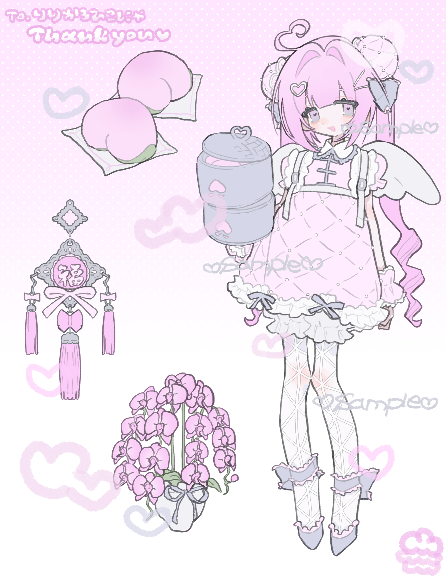 am314, original, highres, 1girl, ahoge, angel wings, bamboo steamer, bun cover, double bun, dress, flower, food, fruit, hair bun, heart, heart ahoge, holding, long hair, looking at viewer, pantyhose, peach, pink flower, pink hair, sample watermark, short dress, solo, watermark, wings