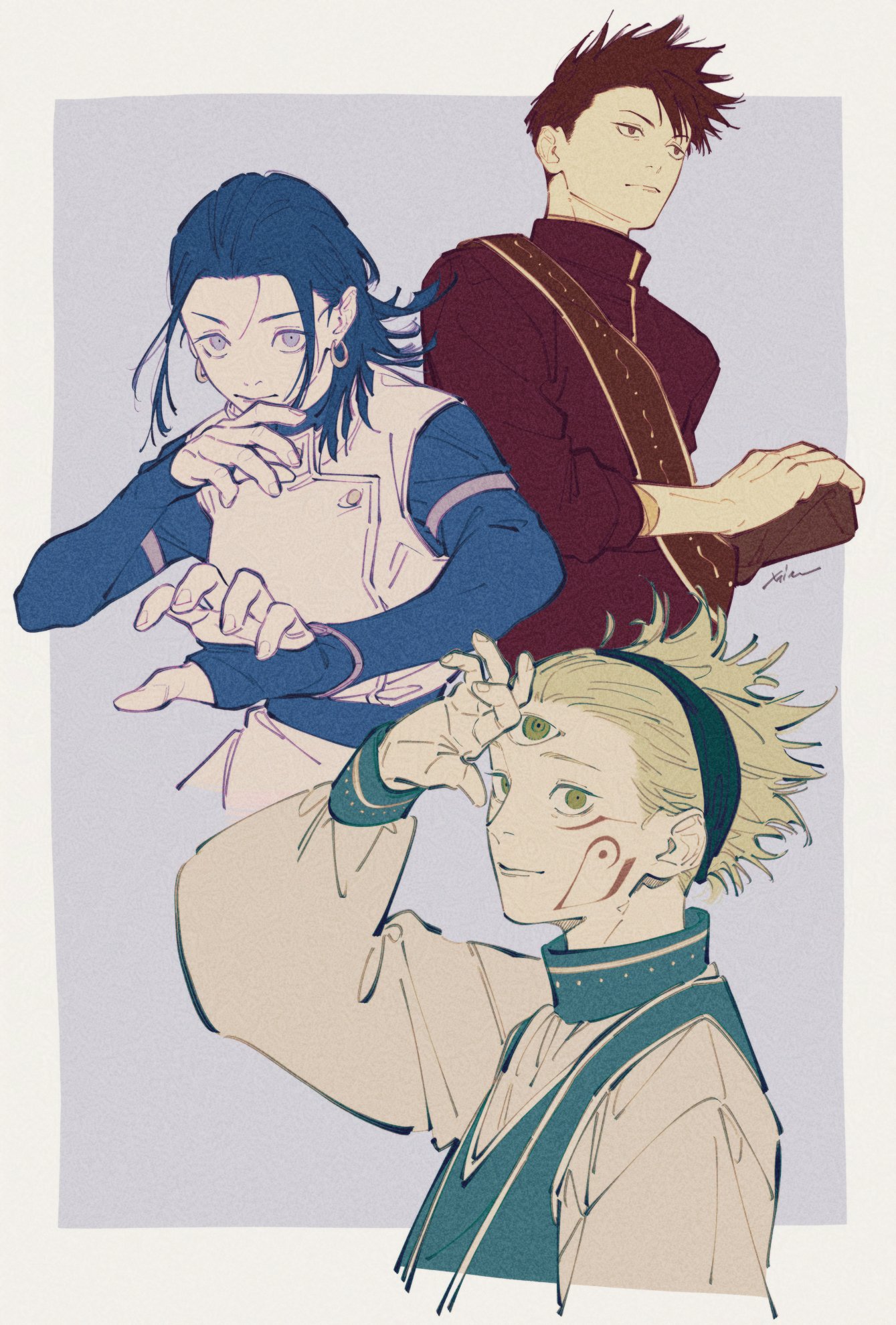 mim (mimya0600), okkotsu tsurugi, highres, 1girl, 2boys, alien, black hair, black hairband, earrings, extra eyes, facial mark, fingerless gloves, gakuran, gloves, green eyes, green hair, hairband, hand on sheath, hoop earrings, jacket, jewelry, jujutsu kaisen mojuro, marulu val vol yelvori, medium hair, multiple boys, okkotsu yuuka, school uniform, short hair, signature, simurian, sleeveless, sleeveless jacket, spiked hair, triclops, upper body, white jacket