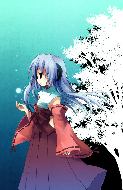 suzushiro kurumi, hanyuu, higurashi no naku koro ni, 00s, 1girl, bow, detached sleeves, female focus, hakama, hakama skirt, horns, japanese clothes, kimono, long hair, miko, red hakama, skirt, solo, standing, tree