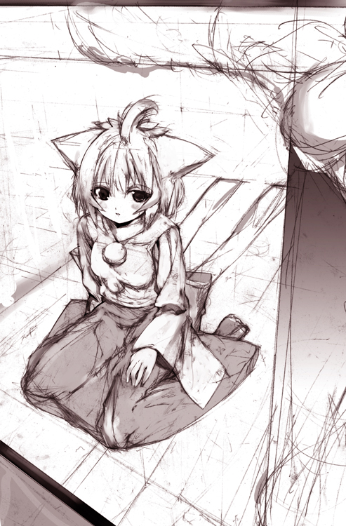repair, inubashiri momiji, touhou, 1girl, animal ears, female focus, long skirt, monochrome, purple theme, sketch, skirt, solo, wolf ears