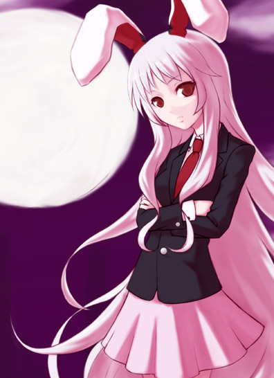 mamoru (arizona), reisen udongein inaba, touhou, 1girl, animal ears, female focus, full moon, long hair, moon, necktie, rabbit ears, red eyes, red necktie, solo, very long hair