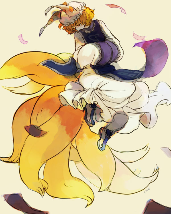 iwamoto zerogo, yakumo ran, touhou, 1girl, animal hat, blonde hair, female focus, fox tail, hat, long sleeves, mob cap, multiple tails, shoes, short hair, solo, tail, tassel, wide sleeves, yellow background