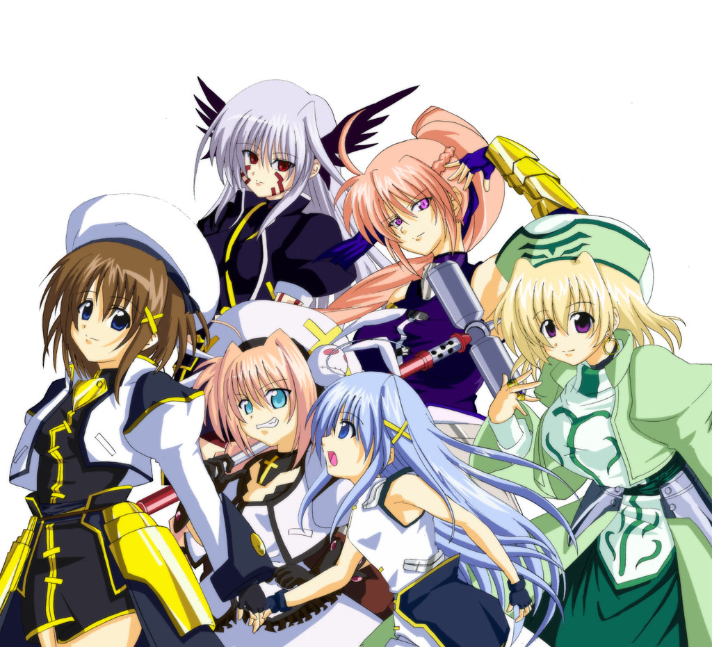 ryuu-tan (miuron), graf eisen, klarwind, reinforce, reinforce zwei, shamal, signum, vita (nanoha), yagami hayate, lyrical nanoha, mahou shoujo lyrical nanoha, mahou shoujo lyrical nanoha strikers, silver hair, 00s, 6+girls, blonde hair, blue eyes, blue hair, braid, brown hair, facial mark, gloves, hammer, hat, head wings, long hair, magical girl, miniskirt, multiple girls, pink hair, ponytail, purple eyes, red eyes, short hair, skirt, time paradox, twin braids, unison (nanoha), wings