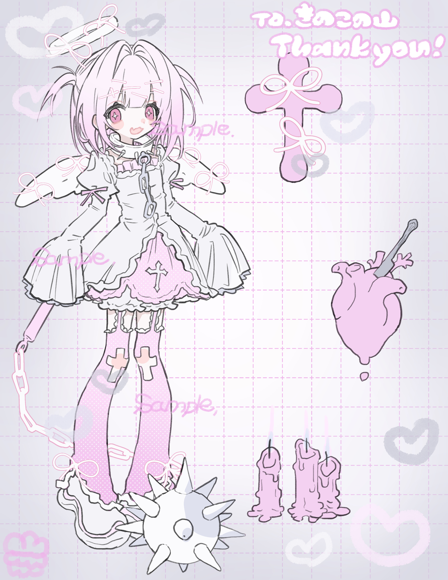 am314, original, commission, highres, skeb commission, 1girl, angel, angel wings, ball and chain restraint, candle, cross, dress, garter straps, grid background, halo, heart (organ), long sleeves, looking at viewer, open mouth, pink hair, pink thighhighs, sample watermark, short dress, sleeves past fingers, sleeves past wrists, smile, solo, thighhighs, watermark, wings