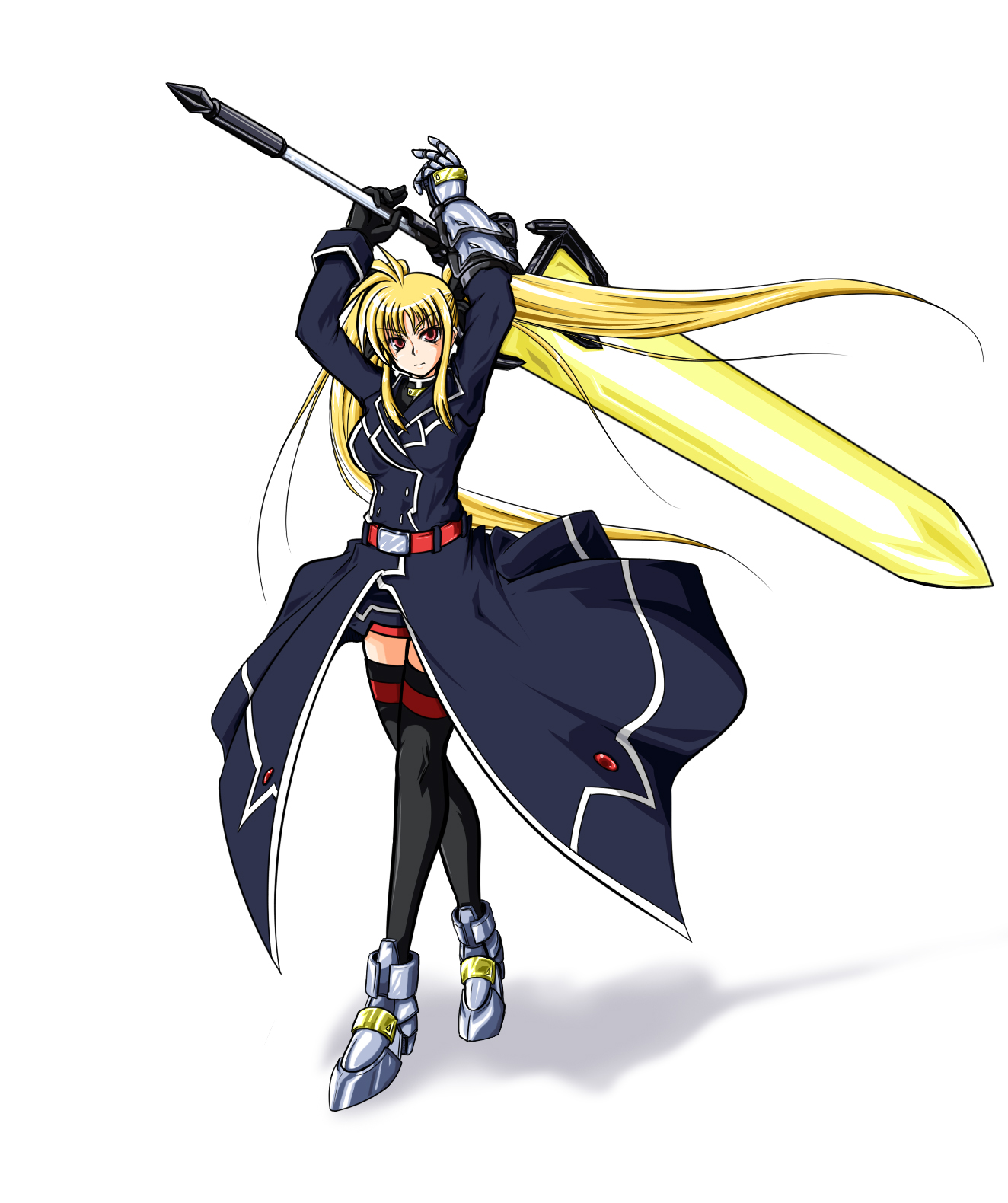 bardiche (nanoha), bardiche (zanber form) (nanoha), fate testarossa, fate testarossa (impulse form), lyrical nanoha, mahou shoujo lyrical nanoha, mahou shoujo lyrical nanoha strikers, uniform, highres, 00s, blonde hair, energy sword, gloves, long hair, red eyes, solo, sword, thighhighs, twintails, weapon, zettai ryouiki