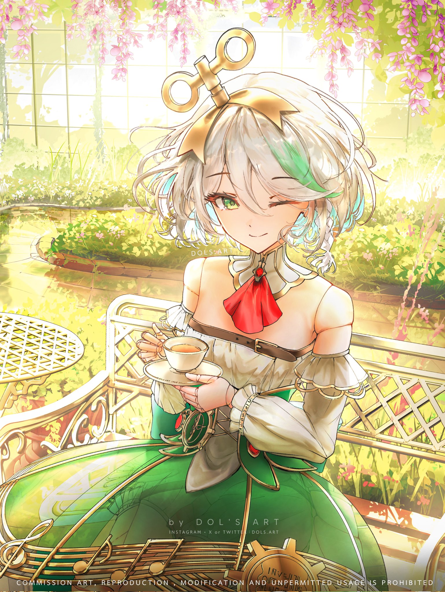dols art, cecilia immergreen, cecilia immergreen (1st costume), hololive, hololive english, highres, 1girl, ;), ascot, braid, closed mouth, corset, cup, detached collar, detached sleeves, doll joints, flower, gradient hair, green corset, green eyes, green hair, green skirt, grey hair, holding, holding cup, holding saucer, joints, medium hair, multicolored hair, on bench, one eye closed, purple flower, red ascot, romper, saucer, sitting, skirt, smile, solo, table, tea, teacup, virtual youtuber, white romper, winding key
