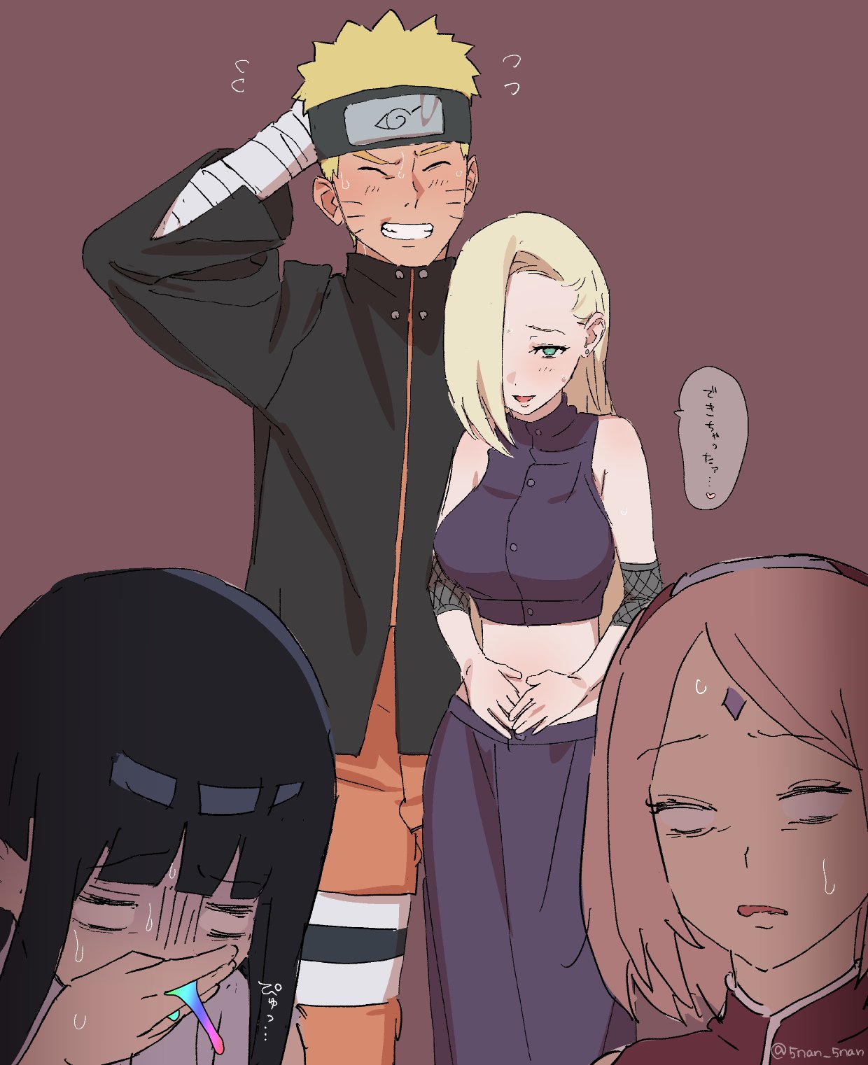 5 nan (5nan 5nan), haruno sakura, hyuuga hinata, uzumaki naruto, yamanaka ino, naruto: the last, naruto (series), highres, translation request, 1boy, 3girls, bandaged arm, bandages, black hair, black headband, black jacket, blank eyes, blonde hair, blue eyes, breasts, closed eyes, crop top, facial mark, forehead mark, grin, hair over one eye, hairband, hands on own stomach, headband, implied pregnancy, jacket, large breasts, long skirt, midriff, multiple girls, pink hair, purple skirt, red hairband, skirt, smile, sweatdrop, twitter username, vomiting rainbows
