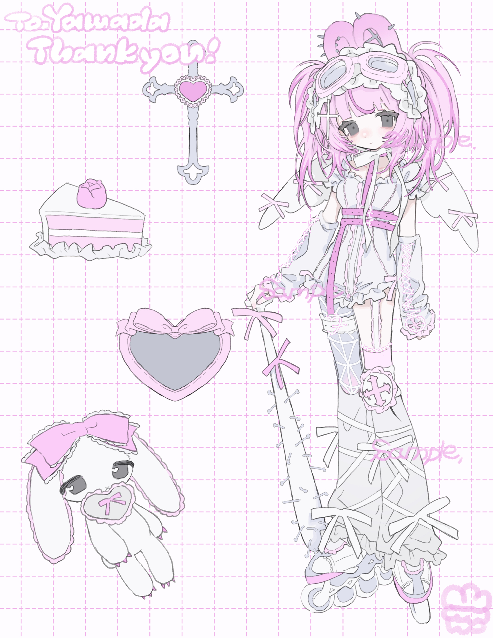 am314, original, commission, highres, skeb commission, 1girl, angel wings, animal ears, arm warmers, asymmetrical legwear, baseball bat, black eyes, cake, cake slice, cross, food, full body, grid background, heart, holding, holding weapon, inline skates, looking at viewer, nail (hardware), nail bat, pink hair, rabbit, rabbit ears, roller skates, skates, solo, standing, uneven legwear, weapon, wings