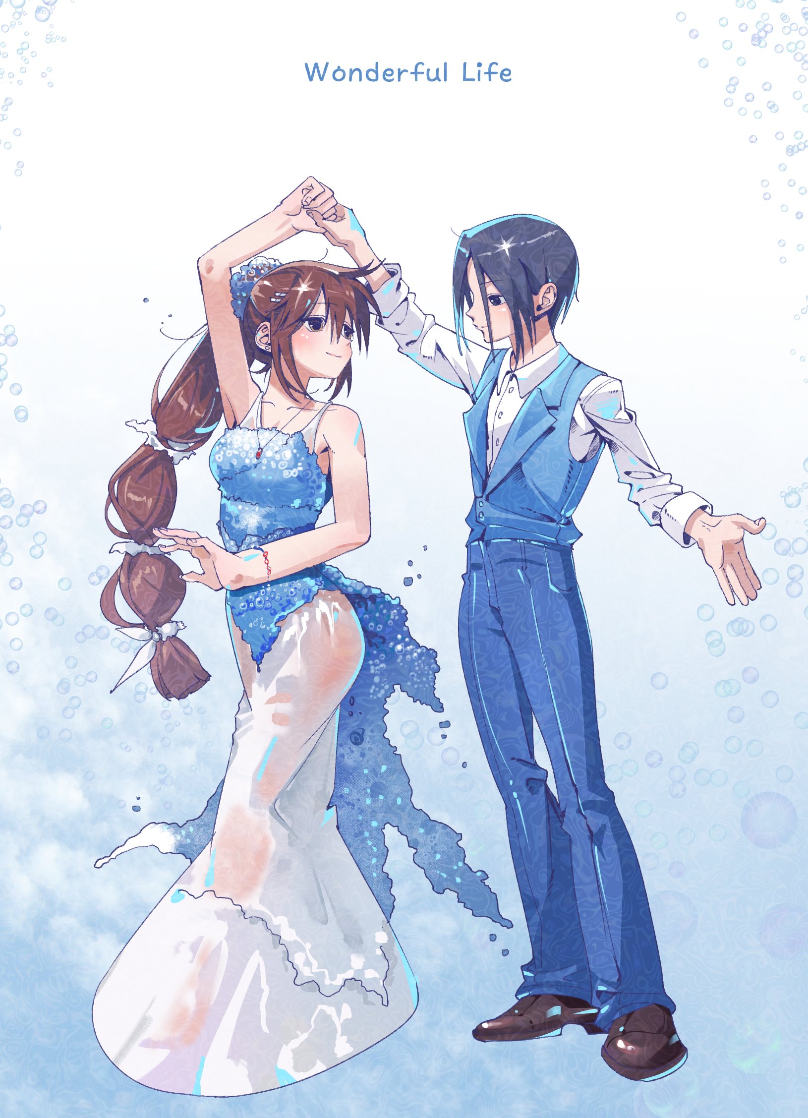 minakami yuki, yuuki tomosane, subarashiki hibi, commentary request, highres, korean commentary, 1boy, 1girl, alternate costume, alternate hairstyle, arm up, bare shoulders, black eyes, black hair, blue background, blue dress, blue pants, blue vest, blush, brown eyes, brown hair, brown shoes, closed mouth, collarbone, collared shirt, dancing, dress, english text, eye contact, full body, gradient background, hair between eyes, hair ornament, hair scrunchie, hairclip, holding hands, iwillsaveyouso, jewelry, long dress, long hair, long sleeves, looking at another, medium hair, necklace, open hand, pants, parallel hairclips, ponytail, scrunchie, shirt, shoes, sidelocks, simple background, sleeveless, sleeveless dress, smile, sparkle, standing, two-tone dress, very long hair, vest, white background, white dress, white shirt