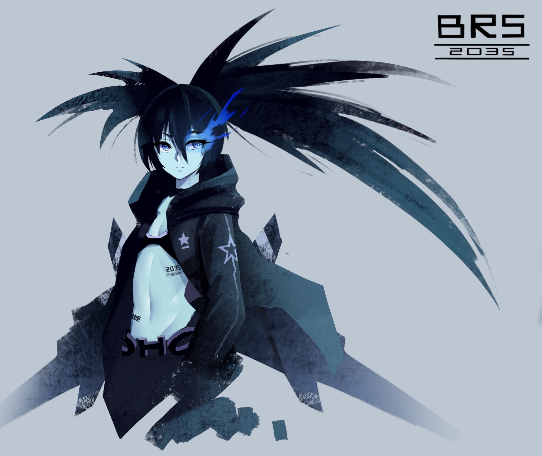 ikamochi kalong, black rock shooter (character), stella (black rock shooter), black rock shooter, black rock shooter (game), highres, barcode, barcode tattoo, belt, black jacket, black shorts, blue eyes, blue fire, fire, flaming eye, glowing, glowing eye, hood, hooded jacket, jacket, long hair, mechanical wings, open clothes, open jacket, pale skin, shorts, tattoo, twintails, uneven twintails, wings
