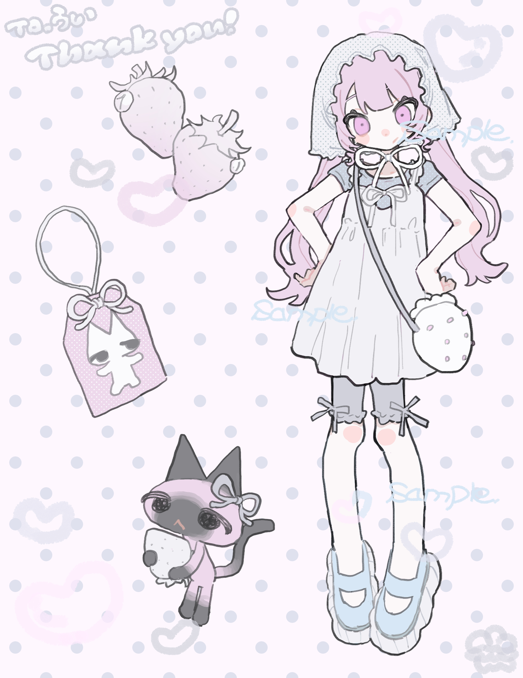 am314, original, commission, highres, skeb commission, 1girl, bag, cat, dress, food, fruit, full body, handbag, hands on own hips, looking at viewer, pink eyes, pink hair, short dress, short sleeves, solo, standing, strawberry, strawberry bag