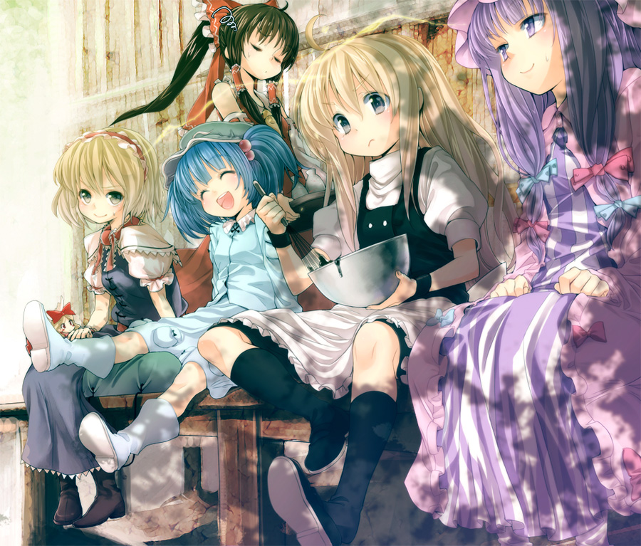 buriki, alice margatroid, hakurei reimu, kawashiro nitori, kirisame marisa, patchouli knowledge, shanghai doll, touhou, 5girls, :d, ^ ^, black hair, blonde hair, blue hair, boots, bowl, closed eyes, doll, dress, female focus, hair ribbon, hairband, hat, japanese clothes, long hair, miko, mixing bowl, multiple girls, open mouth, purple eyes, ribbon, rubber boots, short hair, sitting, smile, squiggle, striped clothes, striped dress, two side up, vertical-striped clothes, vertical-striped dress, whisk