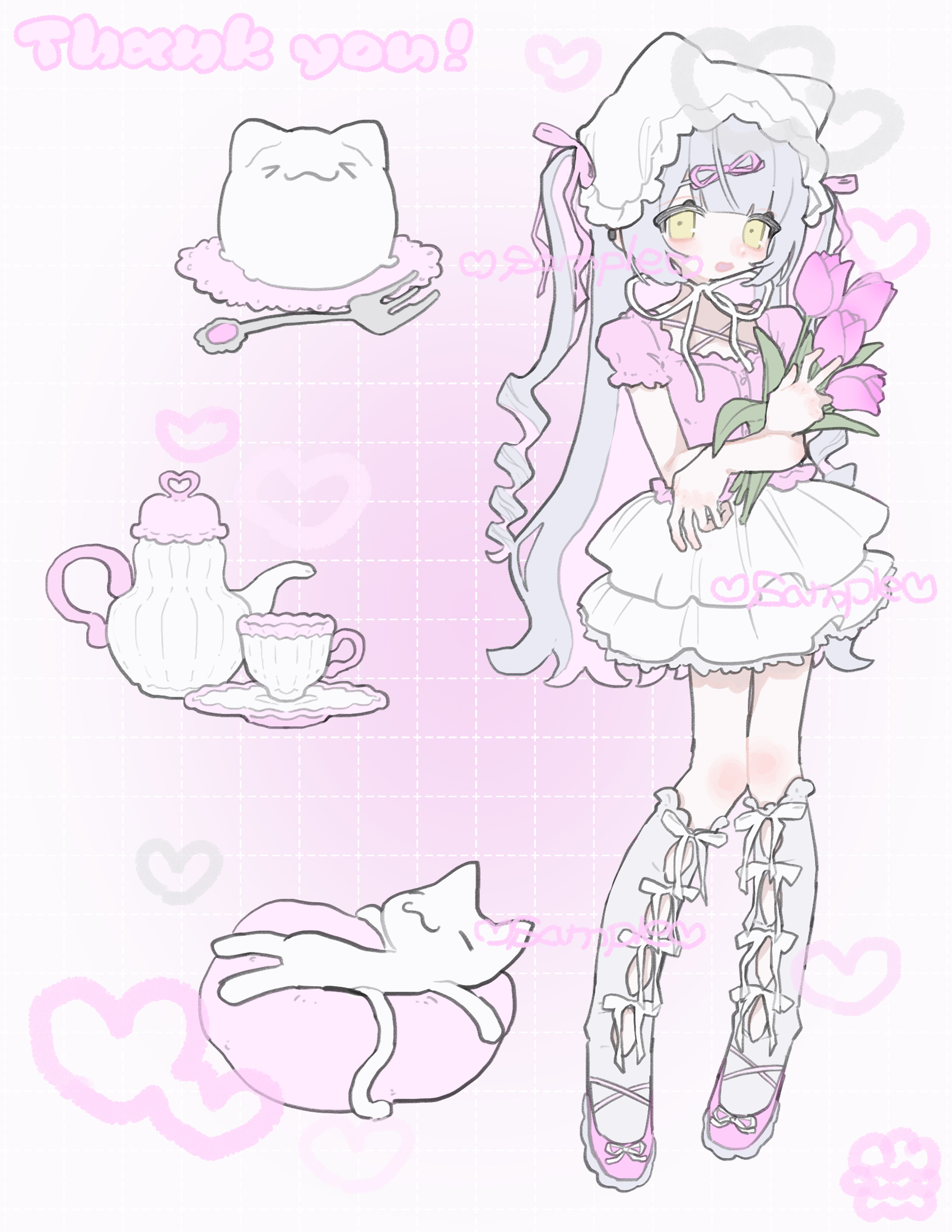 am314, original, commission, highres, skeb commission, 1girl, bouquet, flower, grid background, hat, holding, holding bouquet, holding flower, long hair, miniskirt, pink flower, pink shirt, pink shoes, pink tulip, sample watermark, shirt, shoes, skirt, socks, solo, standing, tulip, twintails, watermark, white hat, white skirt, white socks, yellow eyes