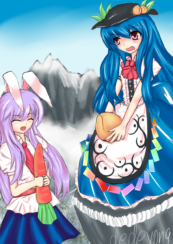 dedeyong, hinanawi tenshi, reisen udongein inaba, touhou, bad id, bad pixiv id, 2girls, animal ears, blue hair, carrot, female focus, food, fruit, hat, kaname-ishi, long hair, multiple girls, outdoors, peach, purple hair, rabbit ears, rope, shimenawa, skirt, sky