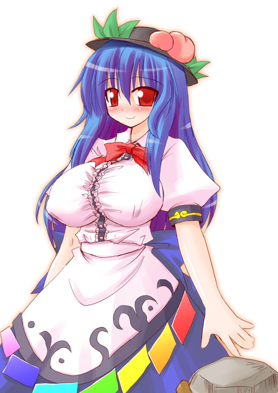arayama reiichi, hinanawi tenshi, touhou, 1girl, alternate breast size (larger), blue hair, breasts, female focus, food, fruit, hat, huge breasts, kaname-ishi, long hair, peach, red eyes, rope, shimenawa, solo