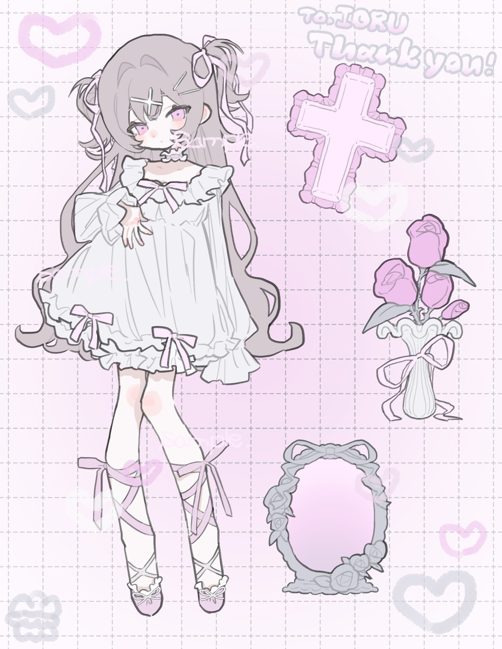 am314, original, commission, highres, skeb commission, 1girl, cross, dress, flower, full body, grid background, leg ribbon, long hair, long sleeves, looking at viewer, mirror, pink flower, ribbon, short dress, solo, standing, two side up, vase, white dress