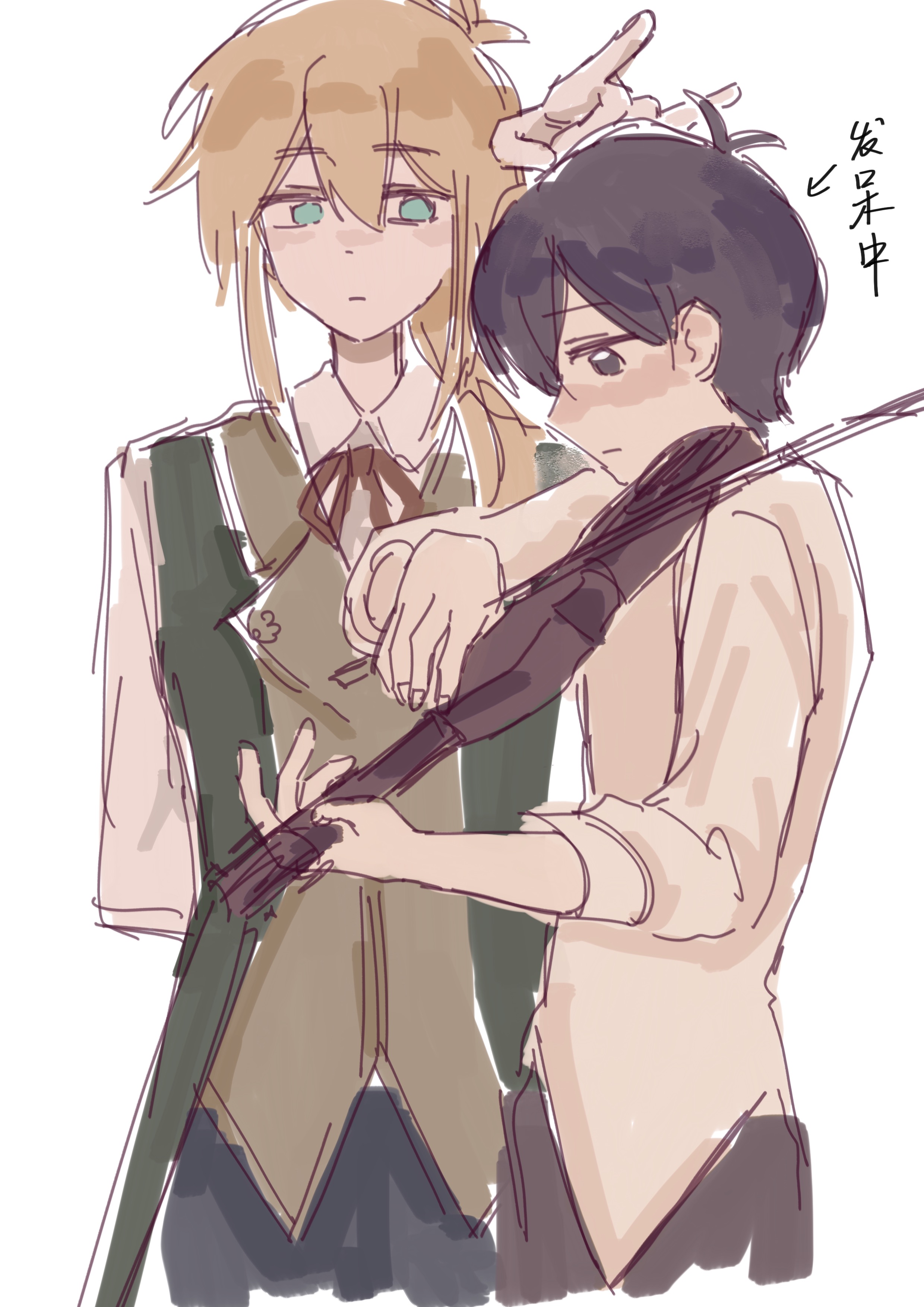 basil (faraway) (omori), basil (omori), sunny (omori), omori, absurdres, highres, translation request, 2boys, alternate costume, alternate hair length, alternate hairstyle, arm up, arrow (symbol), black eyes, black hair, black pants, blonde hair, blue eyes, bow (music), chiaki143, chinese text, closed mouth, collared shirt, double-parted bangs, hair between eyes, holding, holding bow (music), holding instrument, holding violin, instrument, long hair, long sleeves, looking at another, low ponytail, male focus, multiple boys, music, pants, playing instrument, ponytail, shirt, short hair, simple background, violin, white background, white shirt