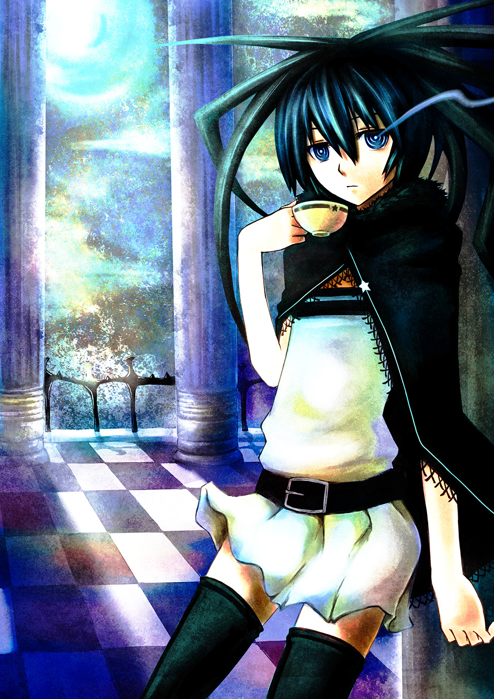 a-er (akkij0358), black rock shooter (character), black rock shooter, black rock shooter: innocent soul, highres, 1girl, belt, black poncho, black thighhighs, blue eyes, blue hair, checkered floor, cup, flaming eye, palace, poncho, teacup, thighhighs, twintails