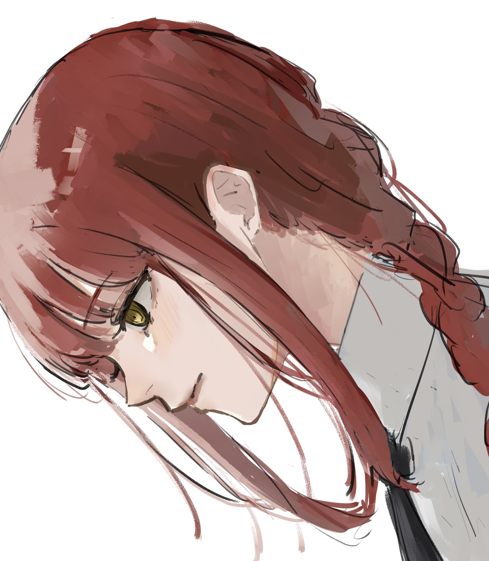ushi yo, makima (chainsaw man), chainsaw man, highres, 1girl, black necktie, braid, braided ponytail, collared shirt, long hair, necktie, red hair, shirt, sidelocks, simple background, solo, white background, white shirt, yellow eyes