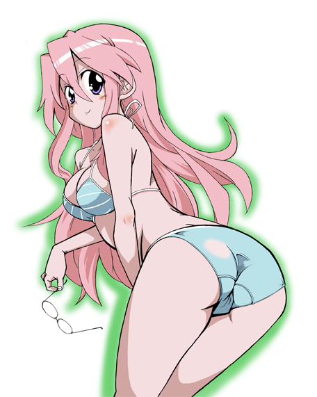 honky, takara miyuki, lucky star, 00s, 1girl, ass, bikini, breasts, cleavage, female focus, glasses, holding, holding removed eyewear, long hair, medium breasts, pink hair, solo, swimsuit, unworn eyewear