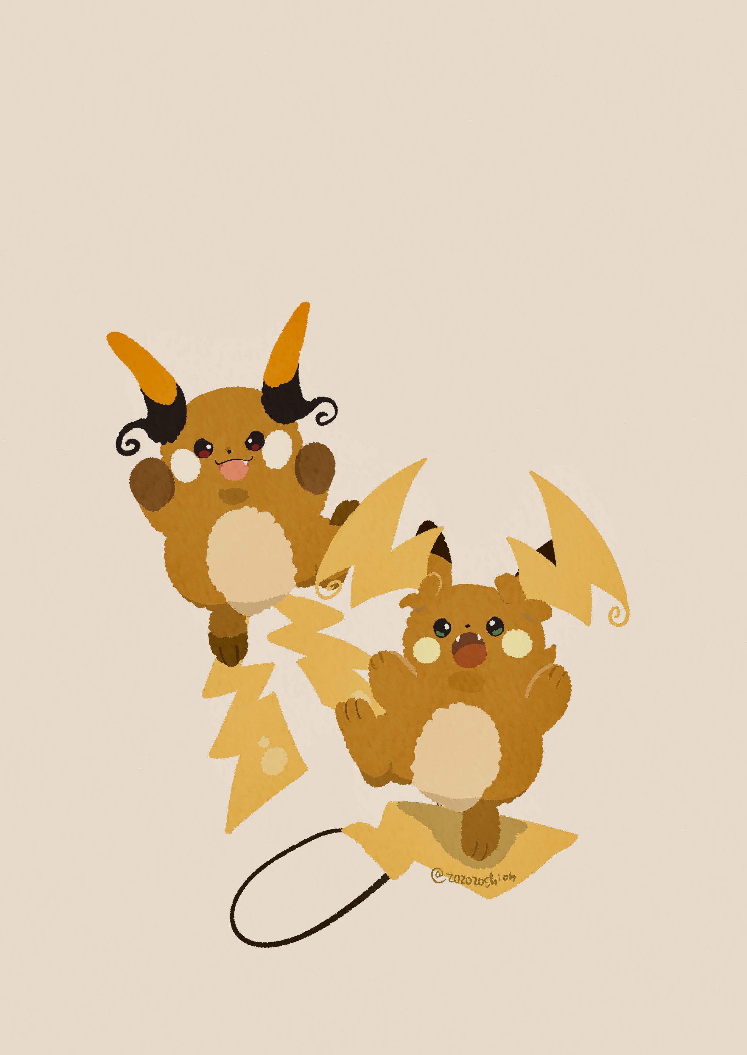 zozozoshion, mega raichu x, mega raichu y, raichu, nintendo, pokemon, absurdres, highres, fang, fangs, full body, gen 1 pokemon, green eyes, looking at viewer, mega pokemon, multiple tails, no humans, open mouth, orange fur, pokemon (creature), pokemon focus, red eyes, simple background, smile, tail, yellow fur