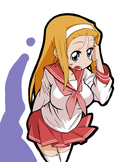 honky, minegishi ayano, lucky star, 00s, 1girl, adjusting hair, blue eyes, blush, female focus, hairband, long hair, open mouth, school uniform, serafuku, simple background, skirt, solo, thighhighs, white thighhighs, zettai ryouiki