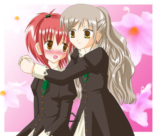 aoi nagisa, hanazono shizuma, strawberry panic!, 00s, blush, hug, school uniform, serafuku