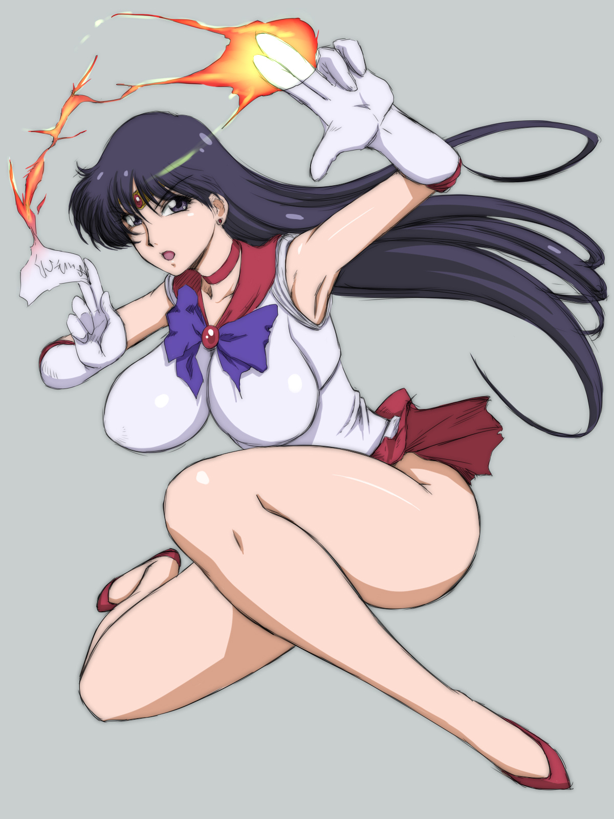 lento (glamour works), hino rei, sailor mars, bishoujo senshi sailor moon, highres, armpits, bad anatomy, black hair, bow, bowtie, breasts, collarbone, fire, gem, grey background, groin, high heels, large breasts, long hair, miniskirt, ofuda, open mouth, pleated skirt, purple bow, purple bowtie, purple eyes, pyrokinesis, red brooch, red gemstone, red shoes, red skirt, shoes, simple background, skin tight, skirt, swept bangs, thick thighs, thighs