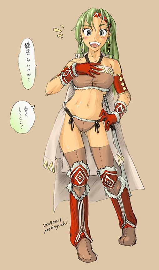 nekoguchi, capcom, monster hunter (series), 1girl, blue eyes, cape, dated, earrings, female focus, gloves, green hair, hairband, hand on own hip, jewelry, midriff, simple background, solo, teeth, thighhighs, upper teeth only