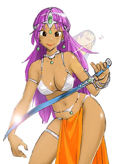 nekoguchi, manya (dq4), minea (dq4), chunsoft, dragon quest, dragon quest iv, enix, 2girls, bikini, bikini top only, breasts, circlet, cleavage, dark-skinned female, dark skin, hat, long hair, multiple girls, pelvic curtain, purple eyes, purple hair, siblings, sisters, swimsuit, sword, tiara, weapon