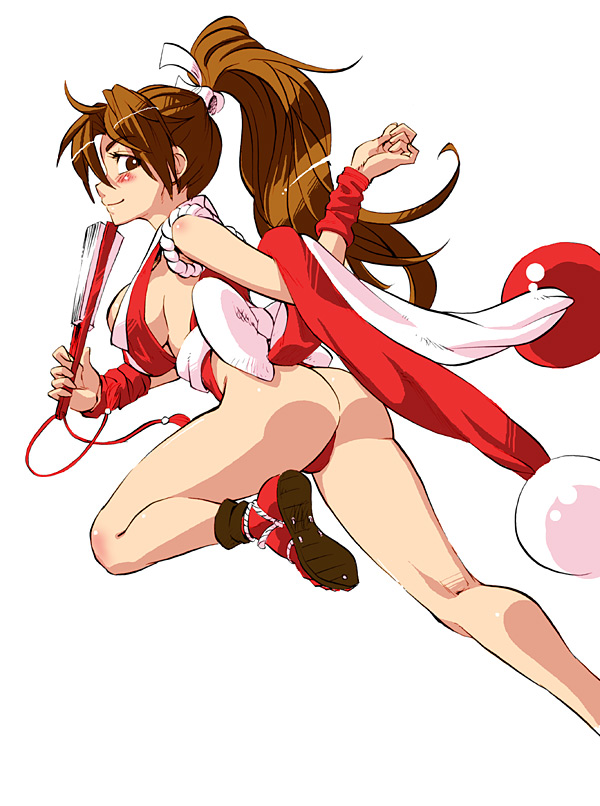 nekoguchi, shiranui mai, fatal fury, snk, the king of fighters, 1girl, ass, blonde hair, blush, breasts, female focus, folded fan, folding fan, hand fan, high ponytail, holding, holding fan, long hair, ponytail, revealing clothes, sideboob, simple background, solo, white background