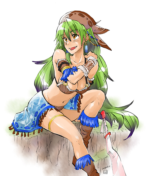 nekoguchi, capcom, monster hunter (series), 1girl, bikini, fang, female focus, green hair, jewelry, long hair, midriff, orange eyes, pirate, solo, swimsuit, sword, thighlet, very long hair, weapon