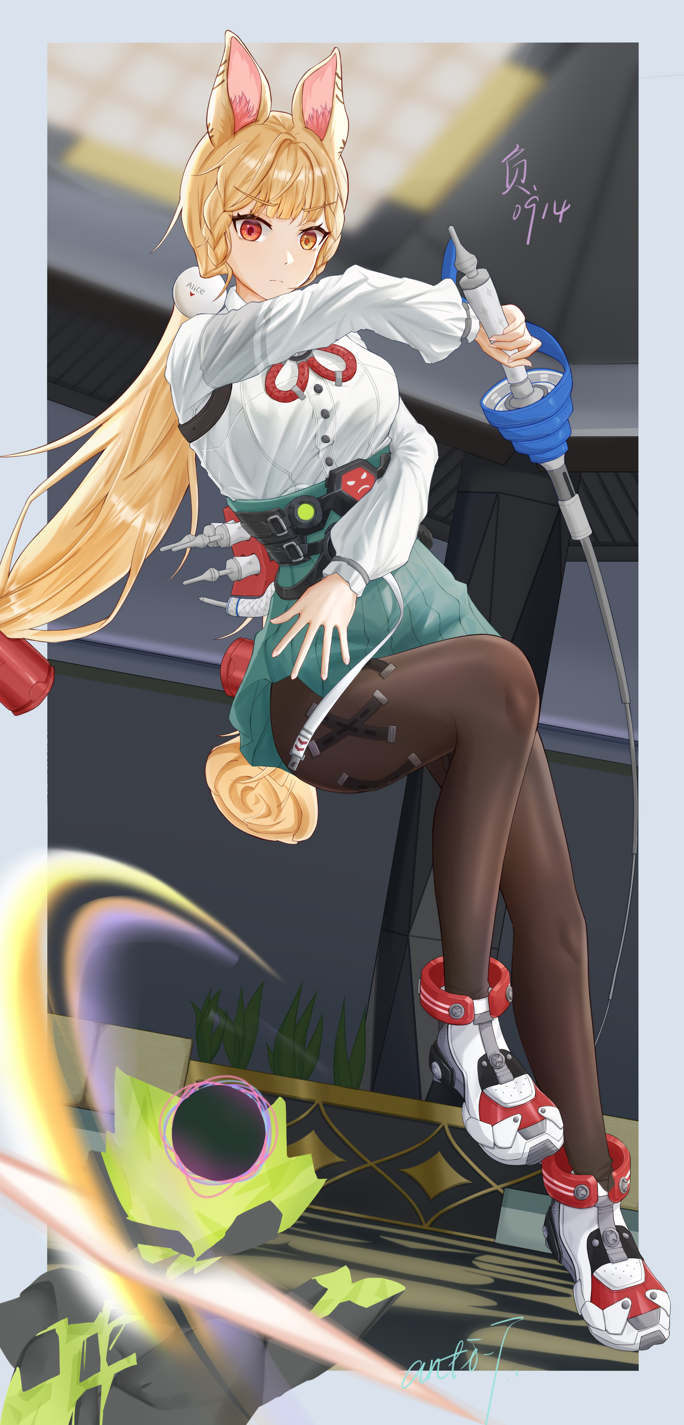 fuduanli, alice thymefield, ethereal (zenless zone zero), zenless zone zero, absurdres, highres, 1girl, animal ears, black pantyhose, blonde hair, closed mouth, foil (fencing), green skirt, heterochromia, holding, holding sword, holding weapon, long hair, looking at viewer, low twintails, pantyhose, rabbit ears, rabbit girl, red eyes, shirt, shoes, skirt, solo, sword, twintails, very long hair, weapon, white shirt, white shoes, yellow eyes
