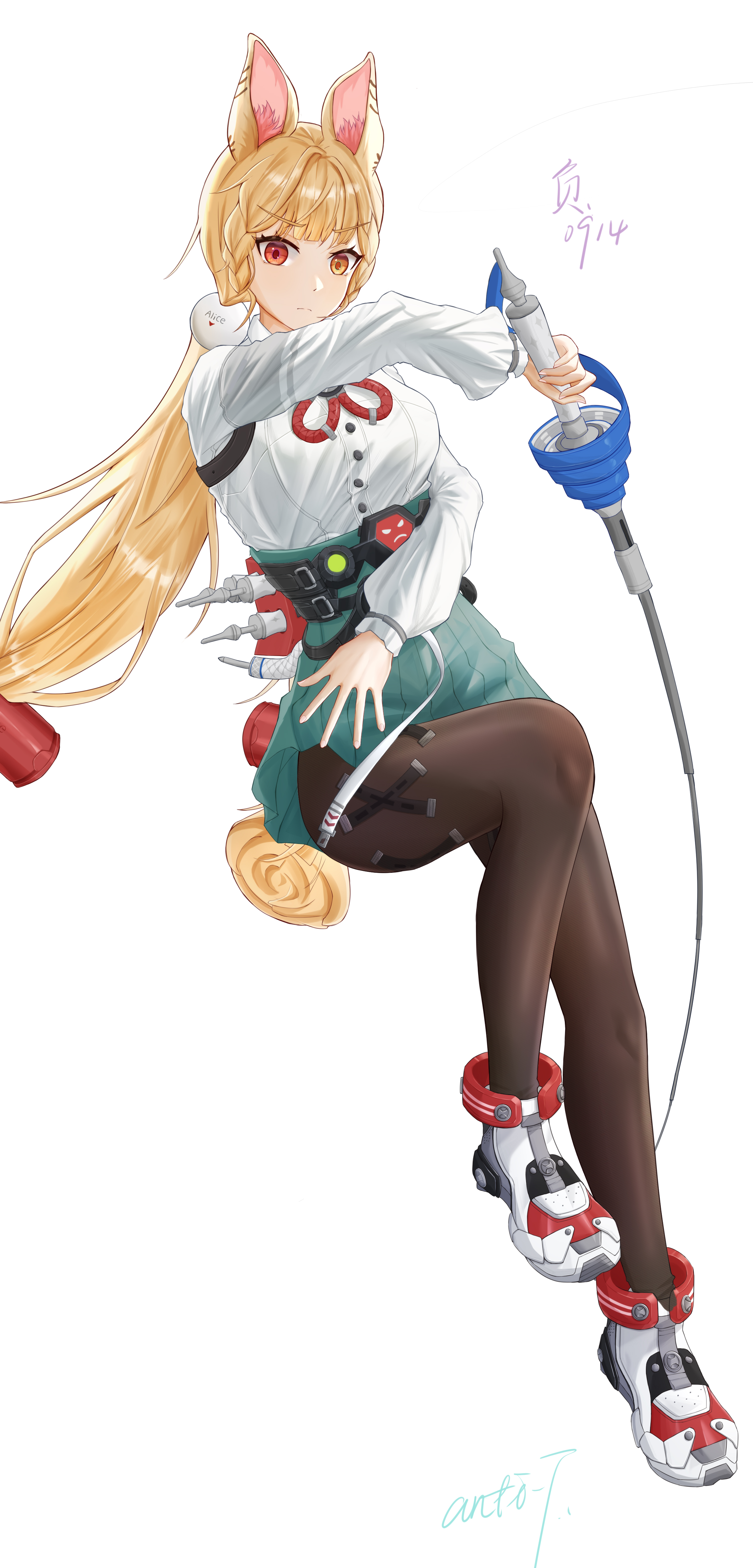 fuduanli, alice thymefield, zenless zone zero, absurdres, highres, 1girl, animal ears, black pantyhose, blonde hair, closed mouth, foil (fencing), green skirt, heterochromia, holding, holding sword, holding weapon, long hair, looking at viewer, low twintails, pantyhose, rabbit ears, rabbit girl, red eyes, shirt, shoes, skirt, solo, sword, twintails, very long hair, weapon, white background, white shirt, white shoes, yellow eyes
