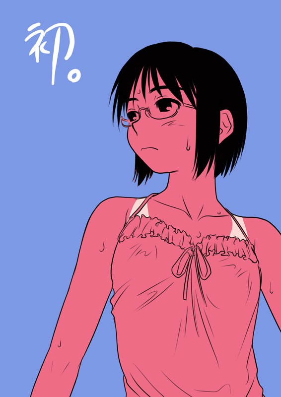 sakaki imasato, original, 1girl, blue background, female focus, flat chest, glasses, monochrome, pink theme, short hair, solo, sweat, tan, tank top, tanline