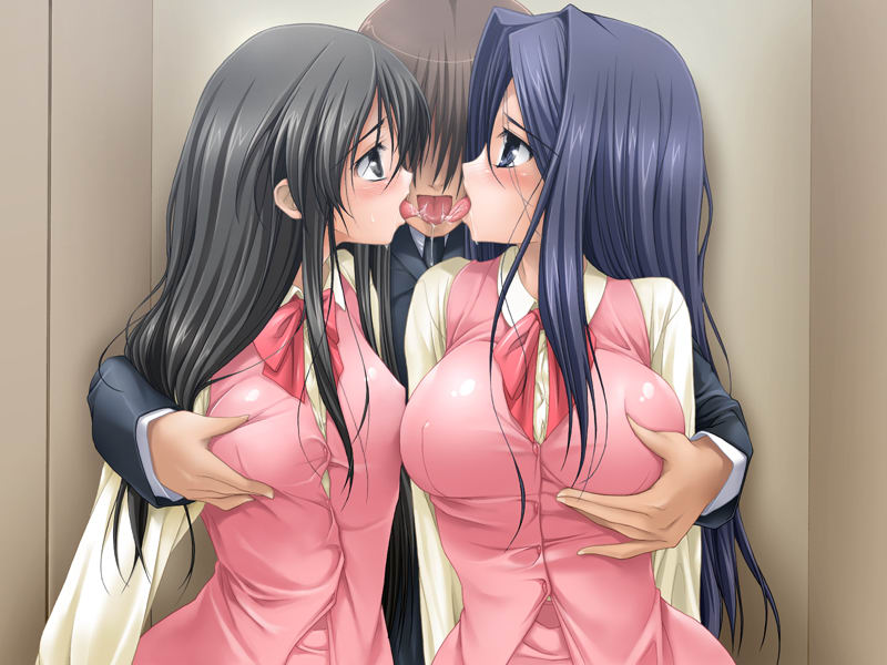 ishikei, kirikawa akino, minamina momiji, kissx300, game cg, 1boy, 2girls, black hair, blue eyes, blue hair, blush, breasts, faceless, faceless male, girl sandwich, grabbing another's breast, grabbing from behind, groping, hetero, large breasts, long hair, multiple girls, office lady, pimp, saliva, sandwiched, skirt, skirt set, tongue, triple kiss, vest