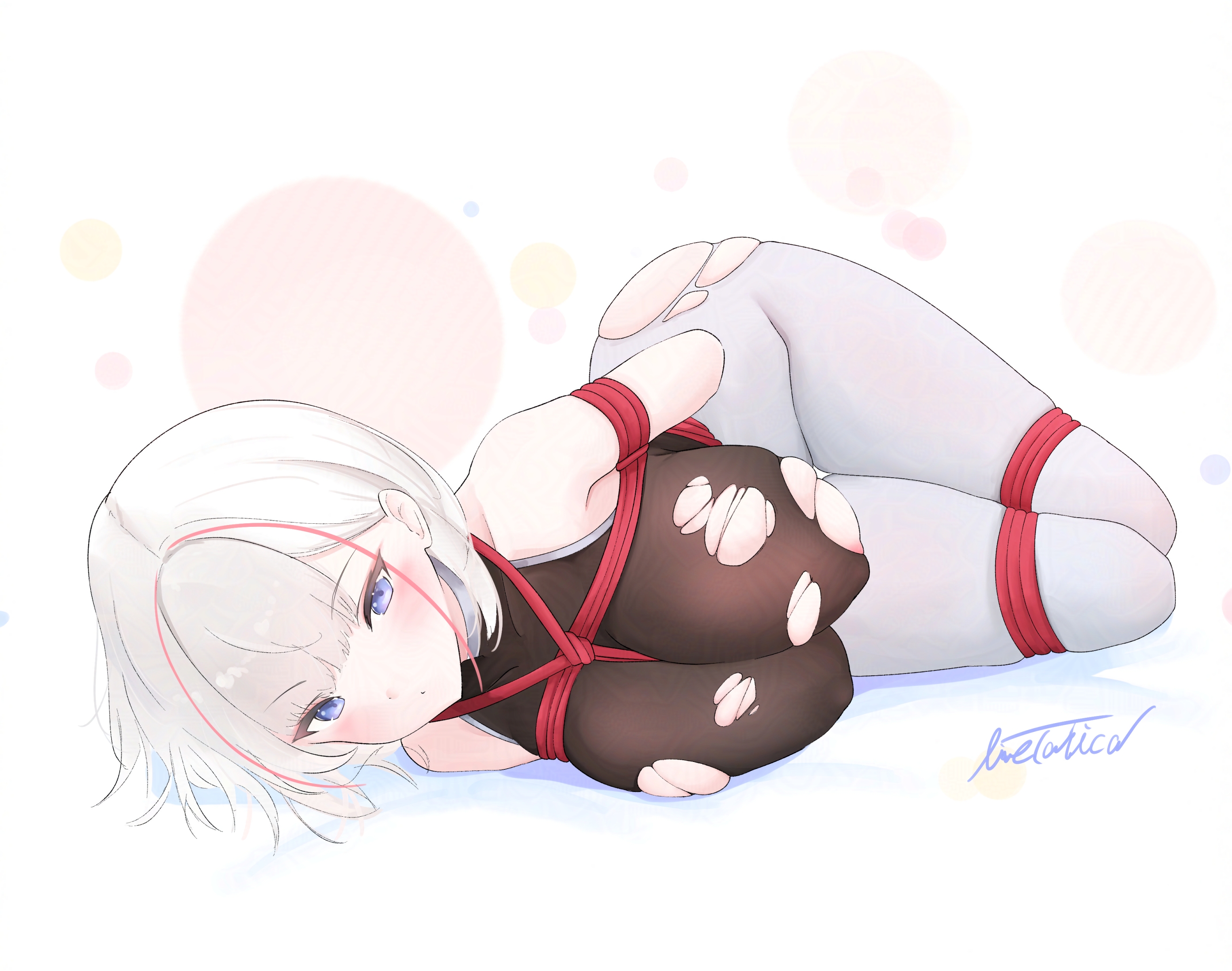 livetarica, i-404 (azur lane), i-404 (dance of crimson strings) (azur lane), azur lane, commentary request, highres, 1girl, :o, areola slip, arms behind back, black bodysuit, blue eyes, blush, bodysuit, bound, bound arms, bound thighs, bound wrists, braid, breasts, covered erect nipples, grey hair, large breasts, looking at viewer, lying, medium hair, multicolored hair, official alternate costume, on side, pantyhose, parted lips, polka dot, polka dot background, red hair, restrained, shibari, shibari over clothes, signature, simple background, solo, streaked hair, thighs, torn bodysuit, torn clothes, white background, white hair, white pantyhose