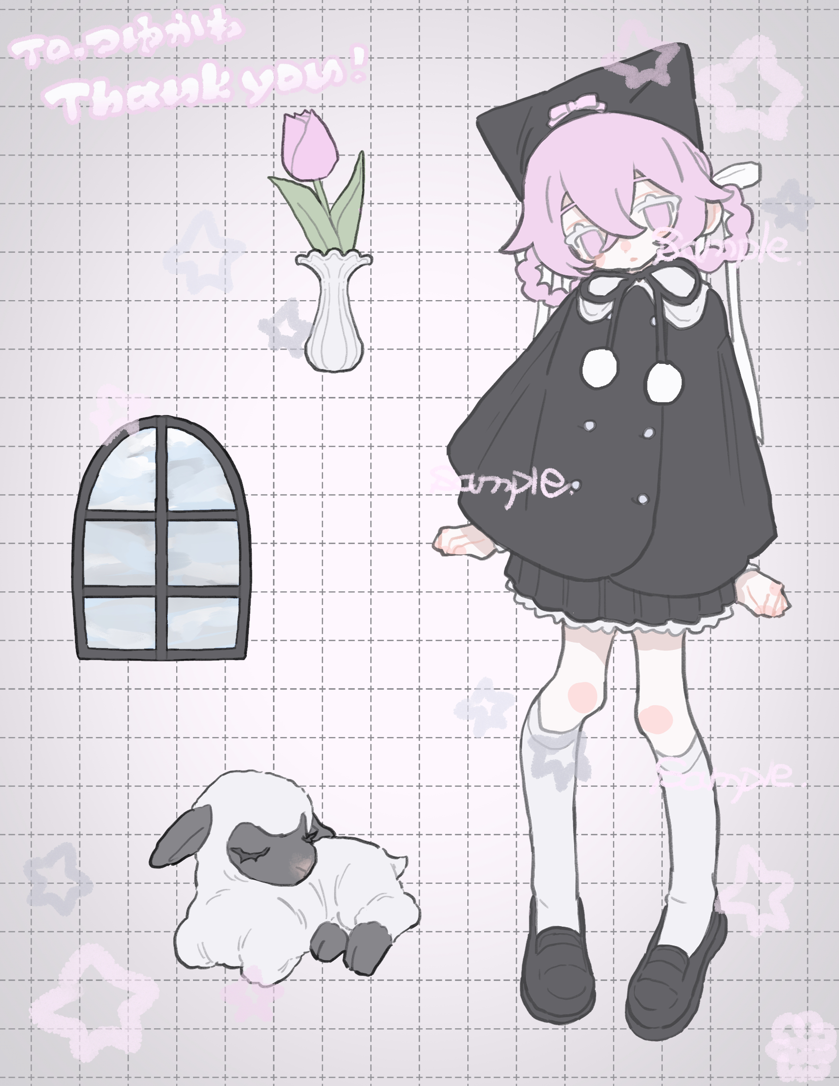 am314, original, commission, highres, skeb commission, 1girl, black cloak, black hat, black shoes, black skirt, braid, braided hair rings, cloak, flower, full body, grid background, hair rings, hat, kneehighs, looking at viewer, miniskirt, pink eyes, pink flower, pink hair, pom pom (clothes), sample watermark, sheep, shoes, skirt, socks, solo, standing, vase, watermark, white socks, window