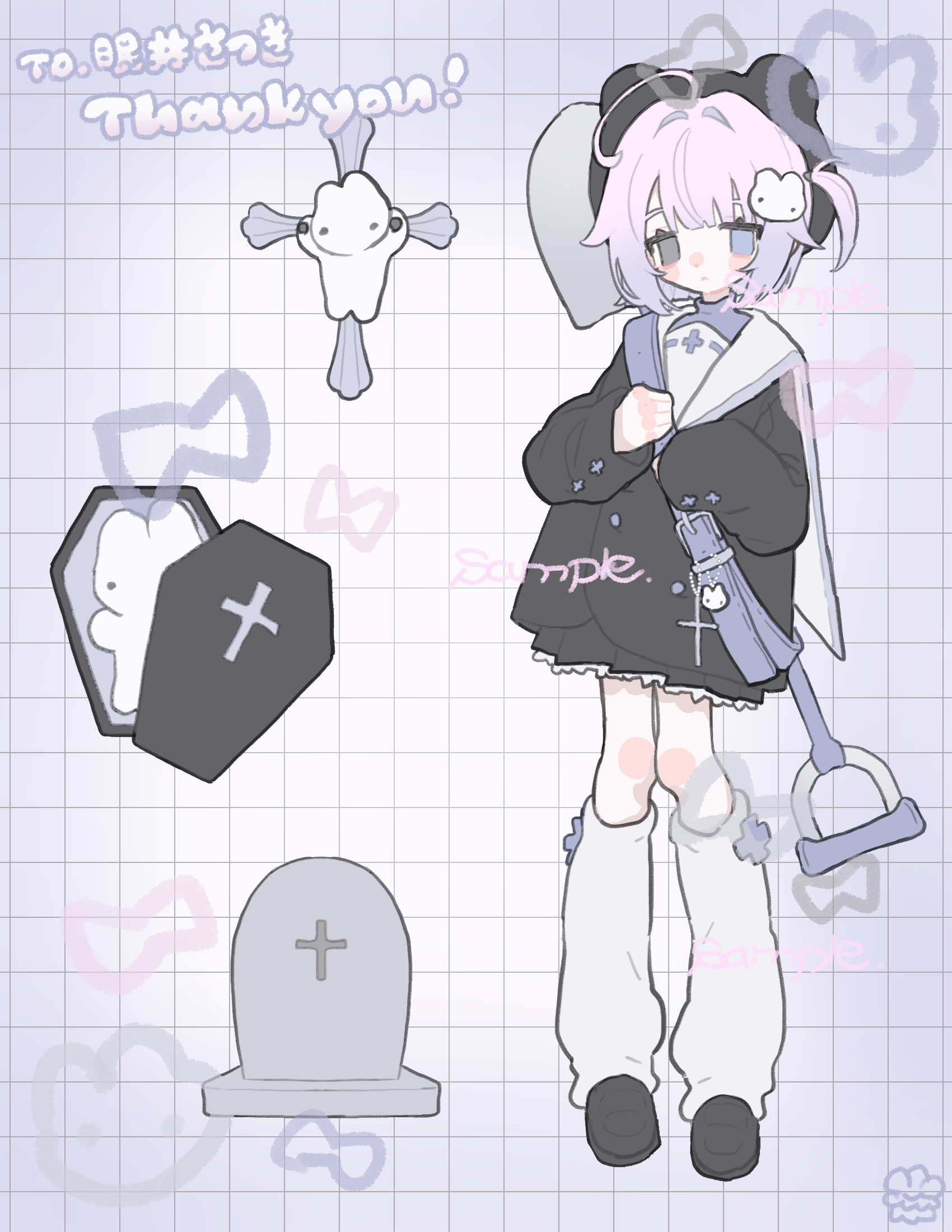 am314, original, commission, highres, skeb commission, black jacket, black shoes, black skirt, coffin, cross, full body, grid background, hair ornament, heterochromia, jacket, leg warmers, long sleeves, looking at viewer, miniskirt, pink hair, rabbit, rabbit hair ornament, sample watermark, shoes, shovel, skirt, solo, standing, tombstone, watermark, white leg warmers