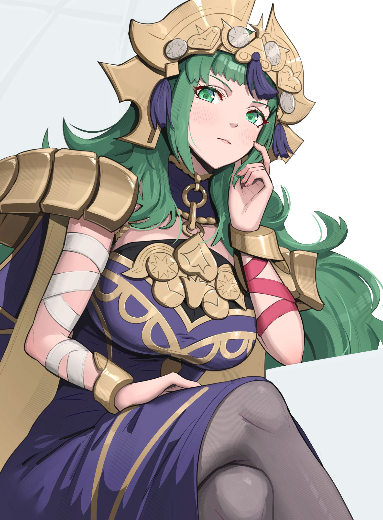 gonzarez, sothis (adult) (fire emblem), sothis (fire emblem), fire emblem, fire emblem: fortune's weave, nintendo, highres, 1girl, arm wrap, black pantyhose, blush, breasts, cape, closed mouth, crossed legs, dress, green eyes, green hair, hair ornament, headpiece, large breasts, long hair, looking at viewer, pantyhose, purple dress, ribbon, simple background, sitting, solo, tassel, tassel hair ornament, tiara