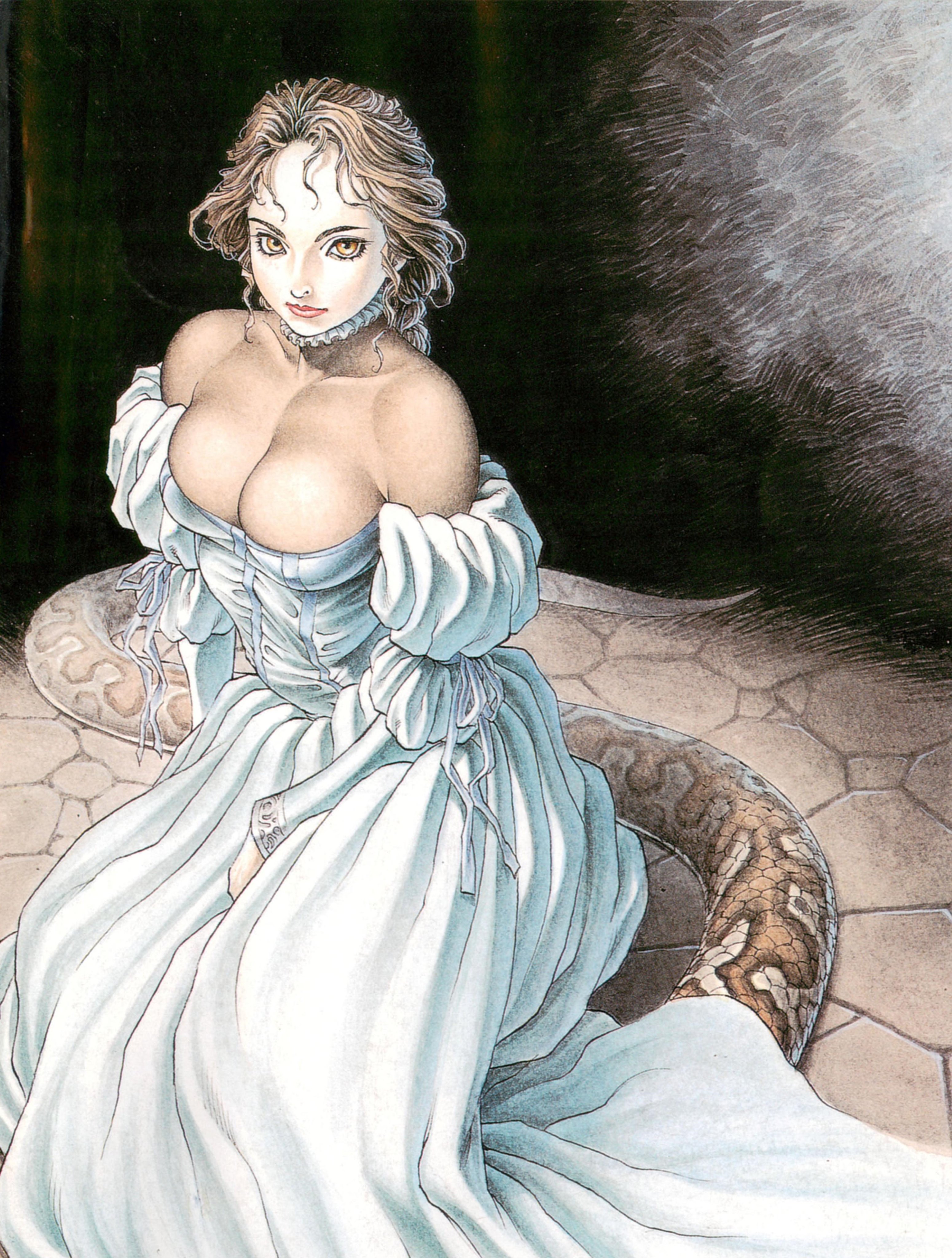 original, absurdres, artist request, highres, 1girl, bare shoulders, breasts, brown eyes, brown hair, dress, lamia, large breasts, leotard, looking at viewer, monster girl, puffy sleeves, sitting, snake tail, strapless, strapless dress, tail, white dress